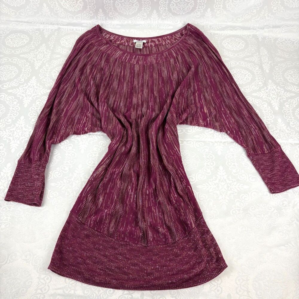 Y2K Caché Mini Dress Sweater Tunic Vintage Plum Dolman Sleeve Open Knit Sz XL
